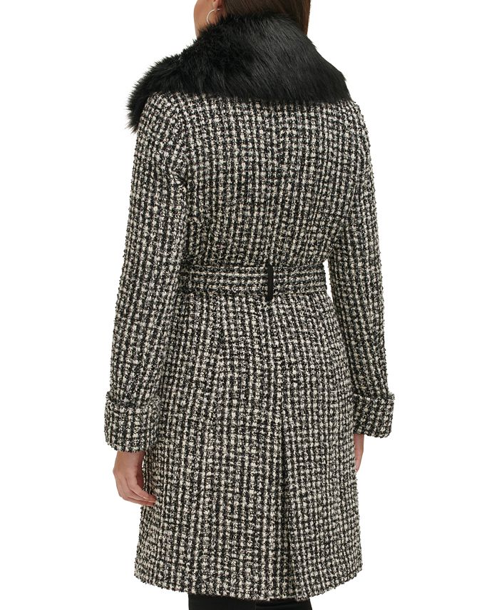 GUESS Women's Double-Breasted Faux-Fur-Collar Tweed Coat - Macy's