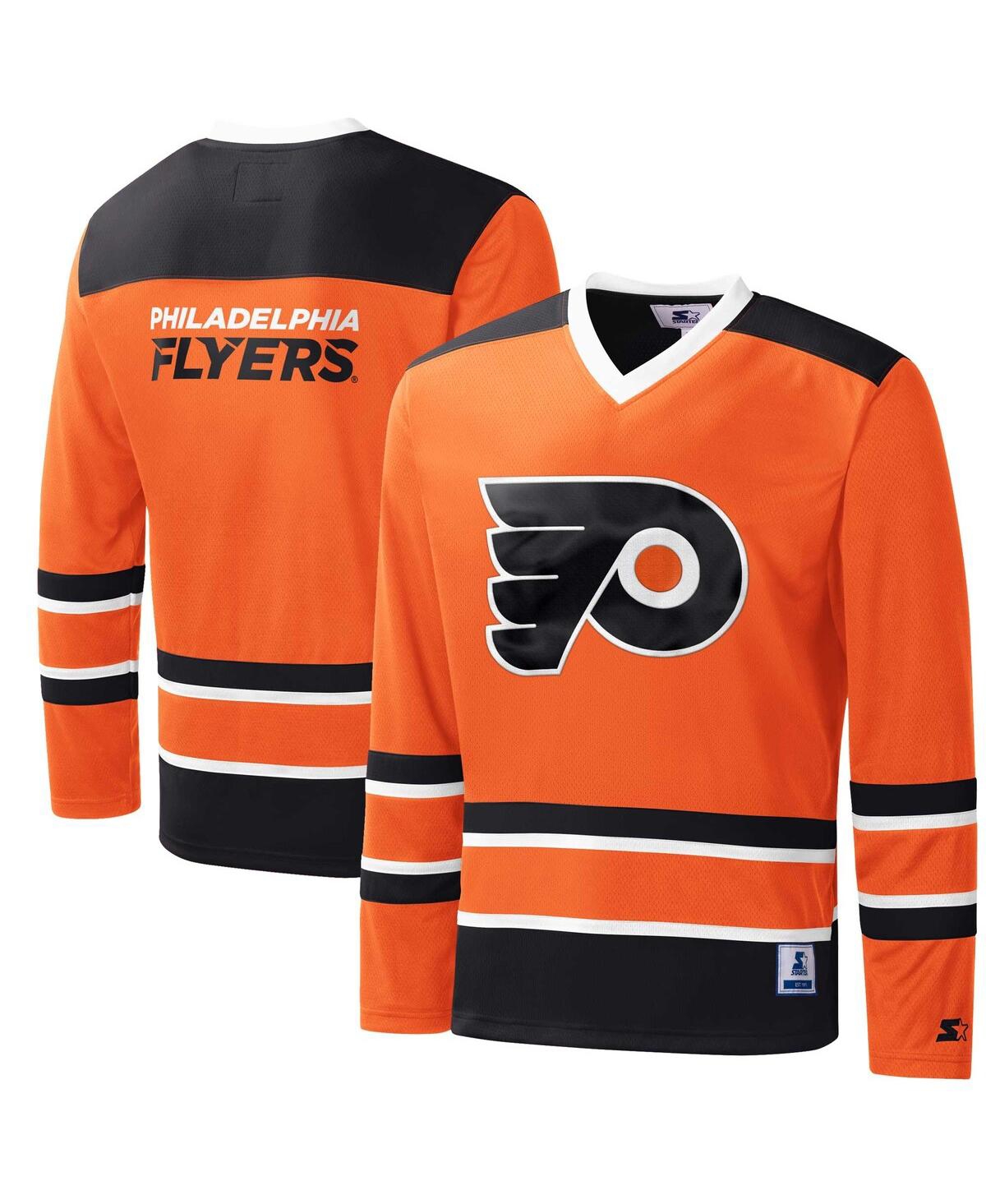 Men's Starter Orange, Black Philadelphia Flyers Cross Check Jersey V-Neck Long Sleeve T-shirt - Orange, Black