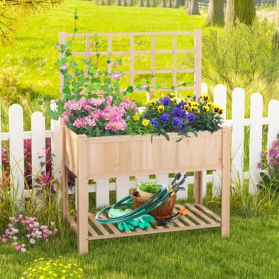 Raised Garden Bed Elevated Wooden Planter Box with Trellis & Open Storage Shelf