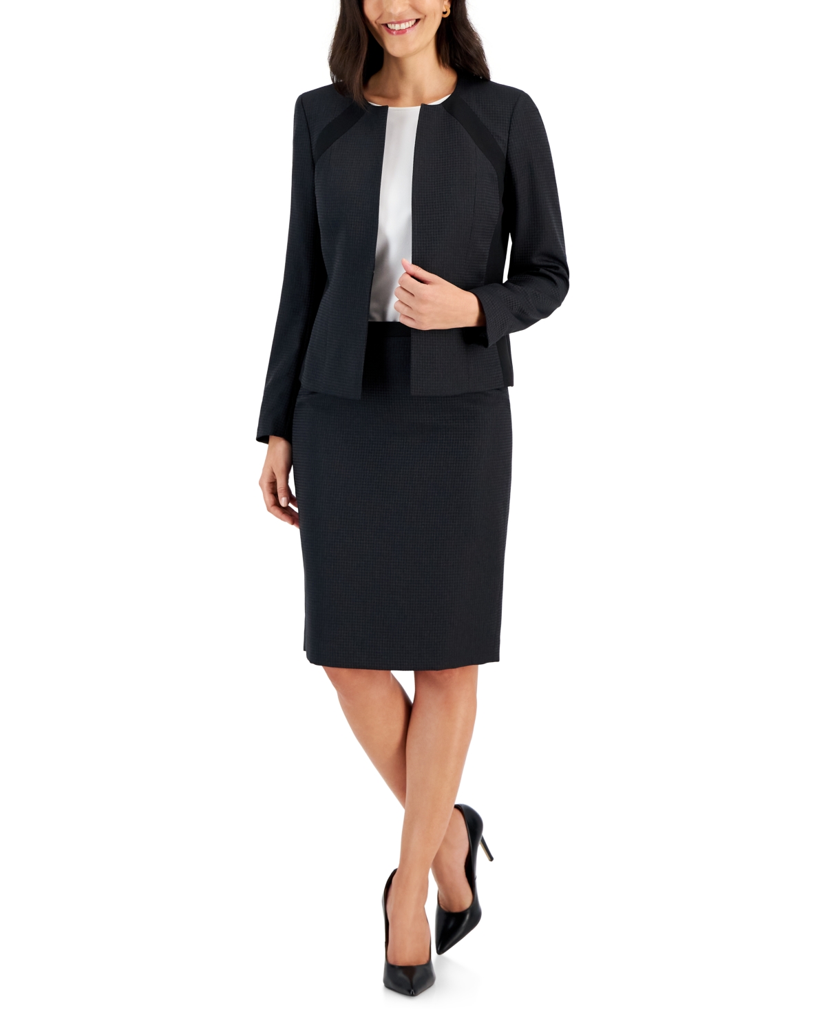 Shop Le Suit Women's Houndstooth Pencil Skirt Suit In Black