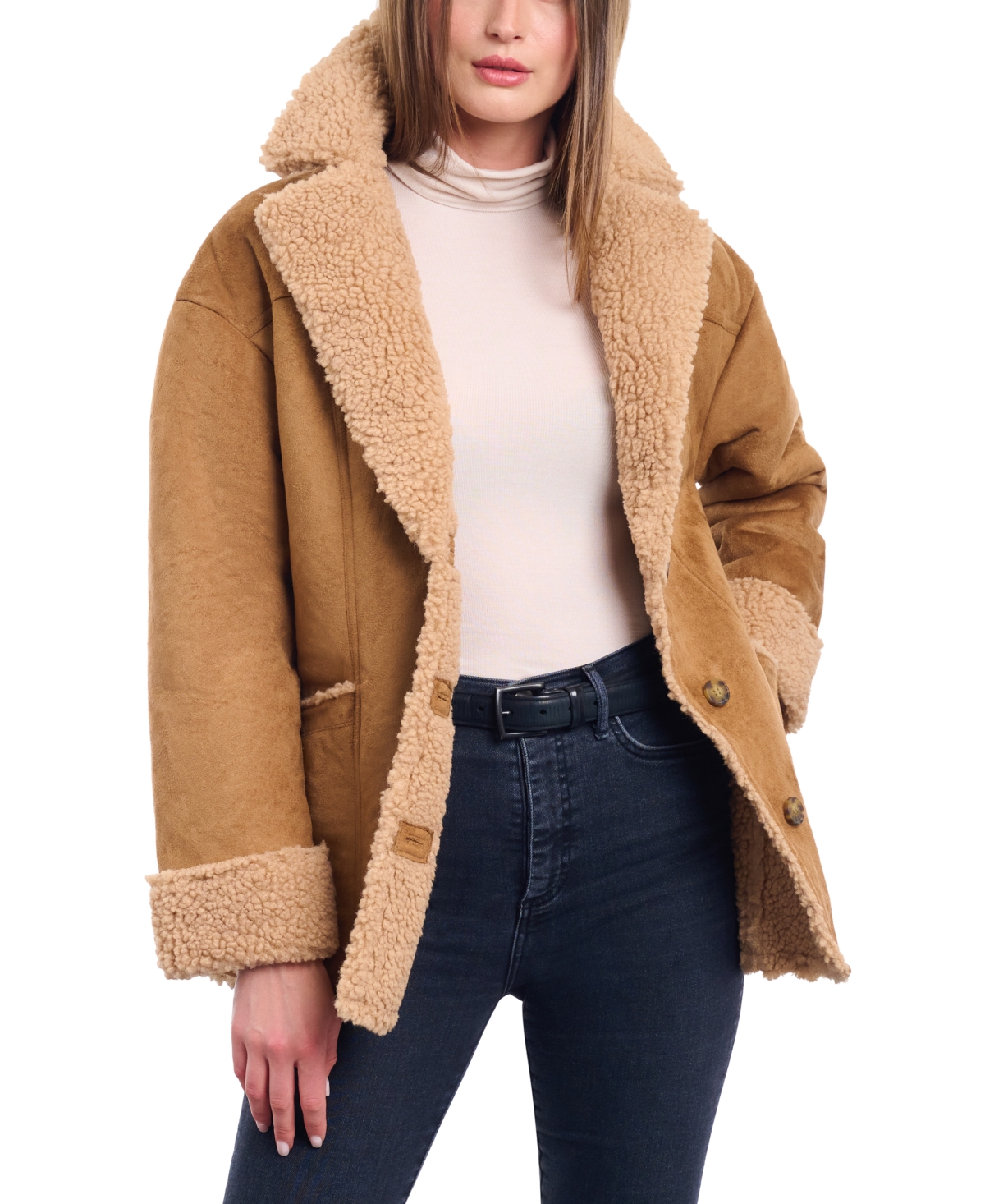 Lucky Brand Women's Faux-shearling Button-front Coat In Capuccino,camel