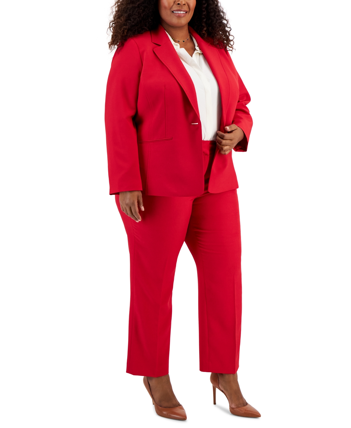 Le Suit Plus Women's Notched-lapel Blazer Pants Suit In Cherry