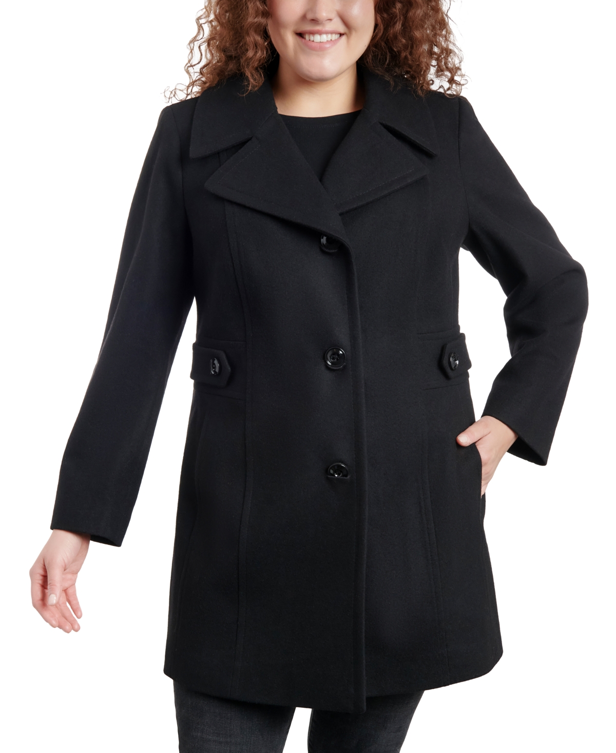Anne Klein Women's Plus Size Single-breasted Notched-collar Peacoat, Created For Macy's In Black