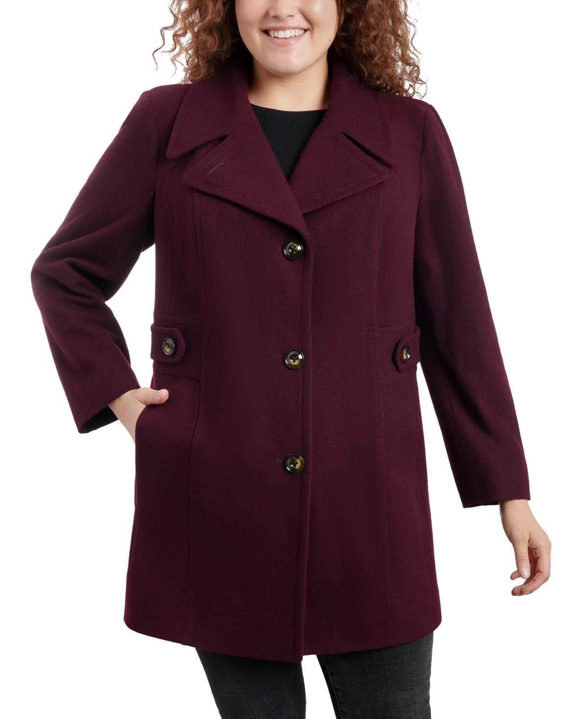 Anne Klein Women's Plus Size Single-breasted Notched-collar Peacoat, Created For Macy's In Merlot