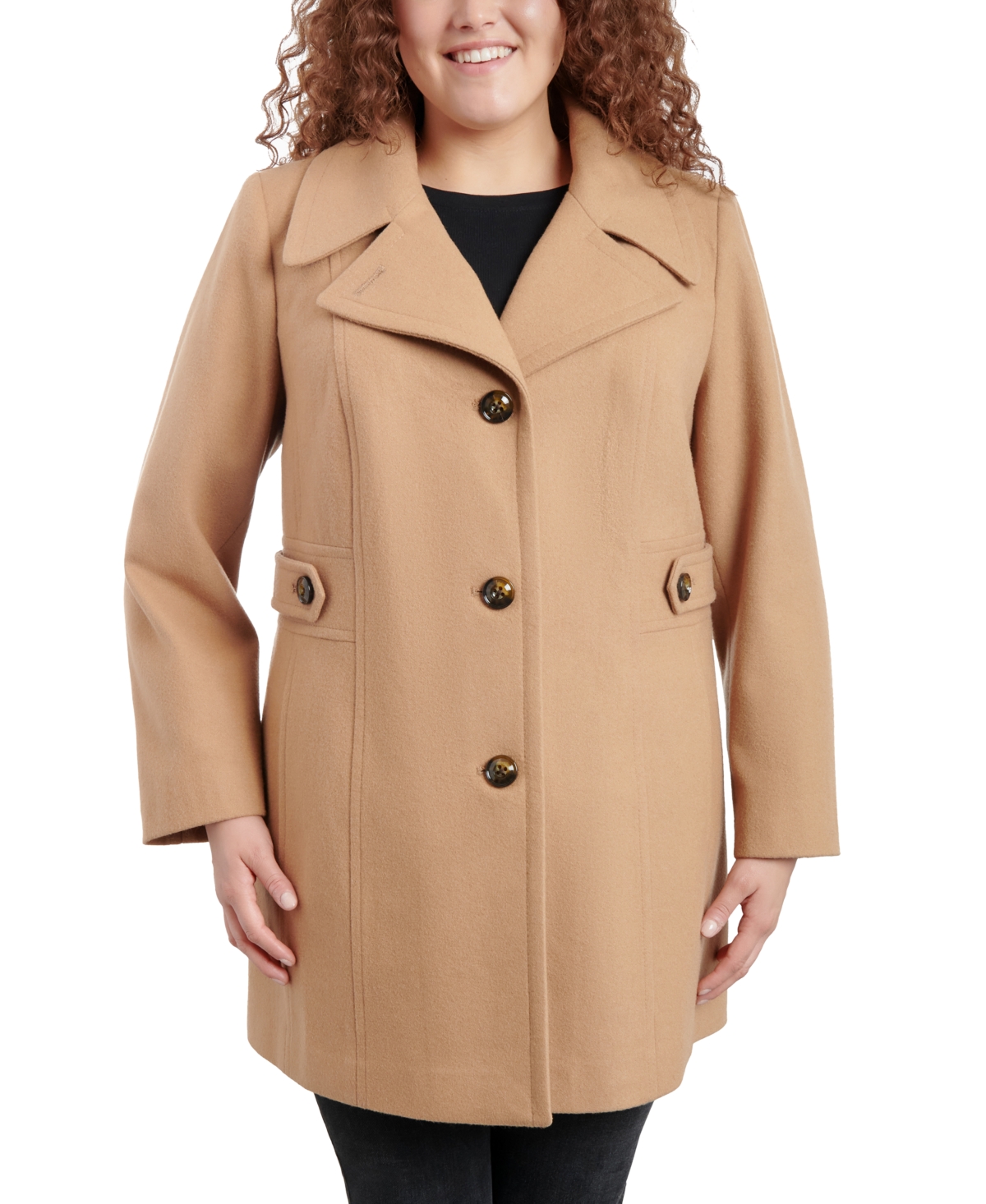 Anne Klein Women's Plus Size Single-breasted Notched-collar Peacoat, Created For Macy's In Camel