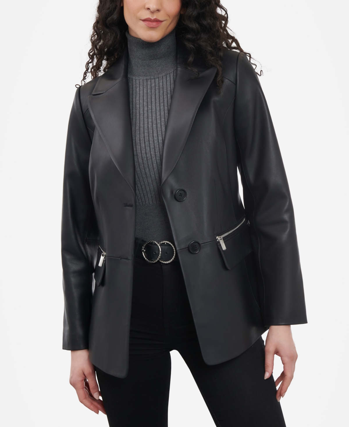 Shop Anne Klein Women's Zip-pocket Leather Blazer Coat In Black