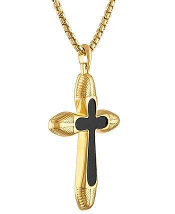 Bulova Men's Icon Black Agate Cross Pendant Necklace in 14k Gold-Plated ...