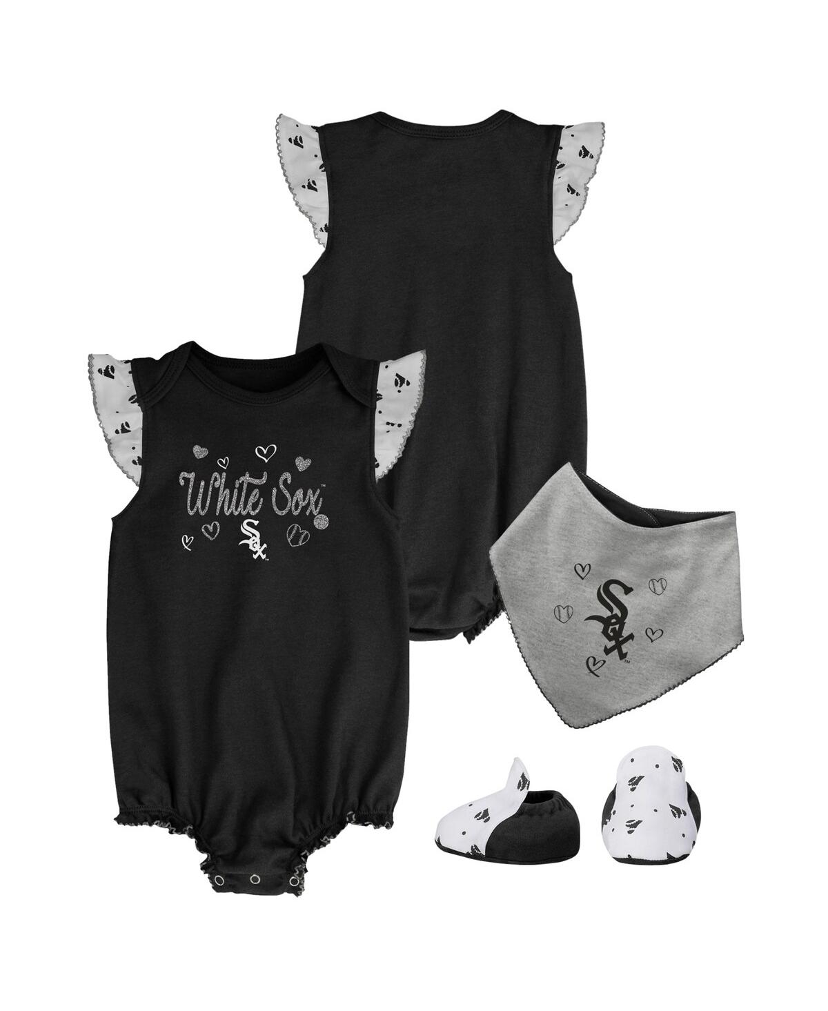 Outerstuff Girls Newborn And Infant Black Chicago White Sox 3-piece Home Plate Bodysuit, Bib And Booties Set In Black