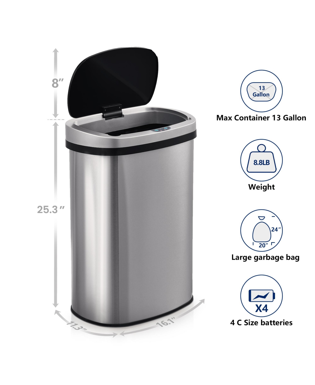 50 Liter / 13 Gallon Kitchen Trash Can, Stainless Steel with Lid