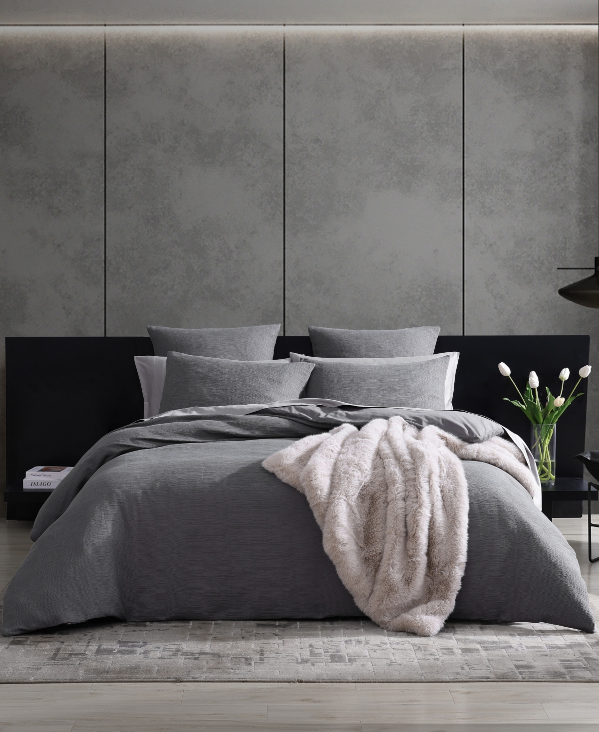 Vera Wang 3 Piece Solid Textured Pleats Duvet Cover Set, Queen Bedding In Charcoal Gray