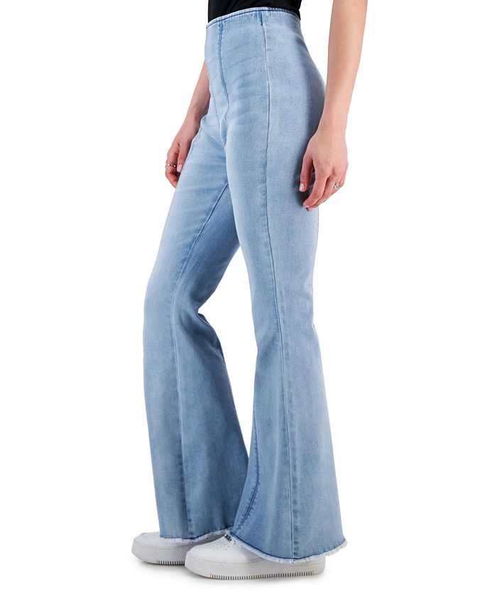 Tinseltown Juniors' Seamed Frayed-Hem High-Waist Pull-On Denim Jeans ...