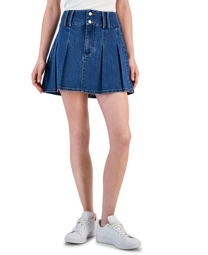 Tinseltown Juniors' Pleated Double-Button Denim Mini Skirt - Macy's