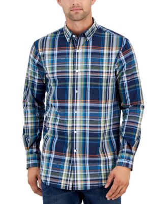 Club Room - Men's Navel Regular-Fit Stretch Plaid Button-Down Poplin Shirt