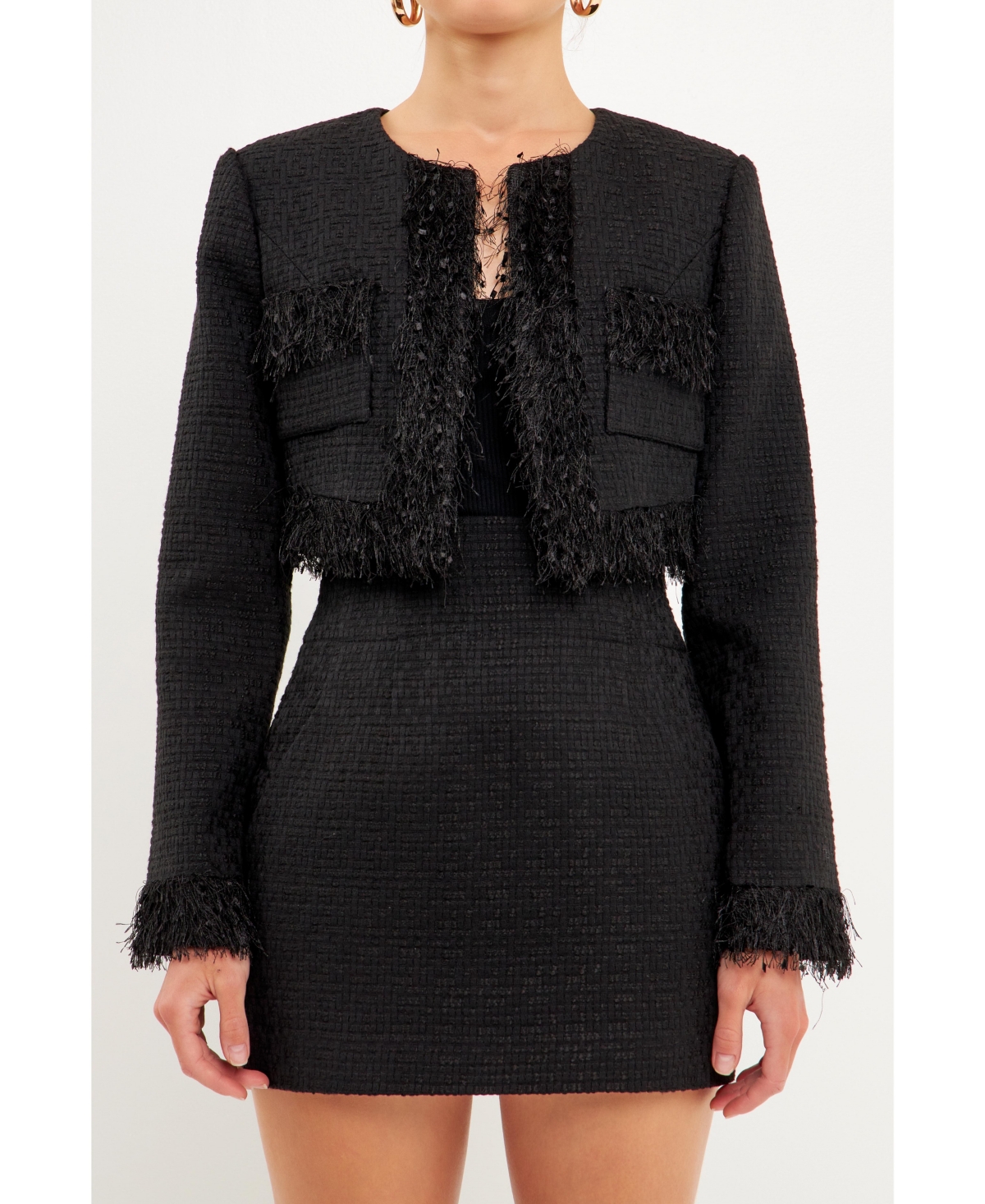 Shop Endless Rose Women's Trimmed Feather Cropped Blazer In Black