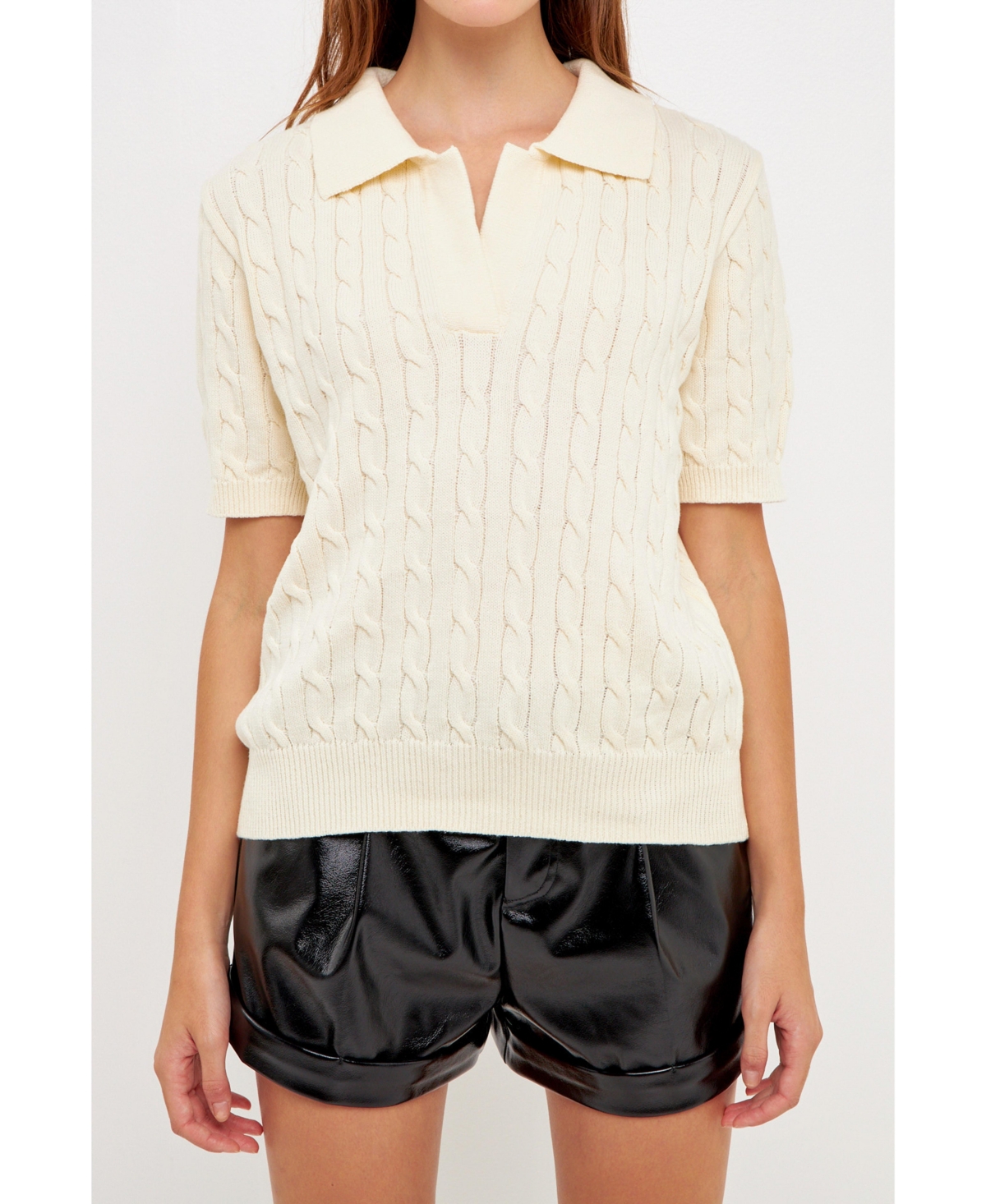 Grey Lab Cable Knit Polo Top In Cream