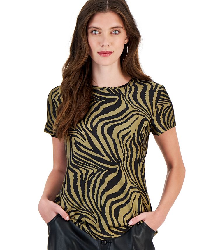 Bar III Women's Animal-Print Crewneck Short-Sleeve Top, Created for ...