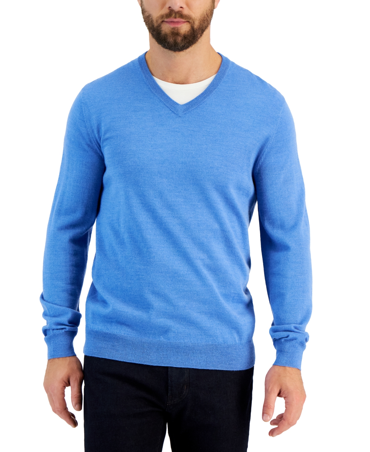 Men's Solid V-Neck Merino Wool Blend Sweater, Created for Macy's - Wedgewood Heather