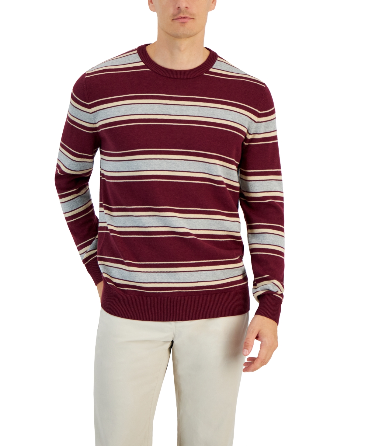 Men's Elevated Striped Long Sleeve Crewneck Sweater, Created for Macy's - Red Plum