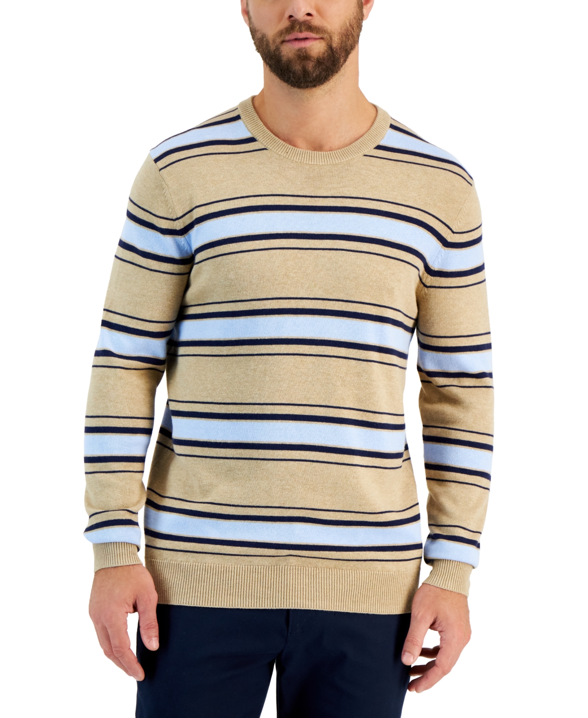 Men's Elevated Striped Long Sleeve Crewneck Sweater, Created for Macy's - Toast Heather