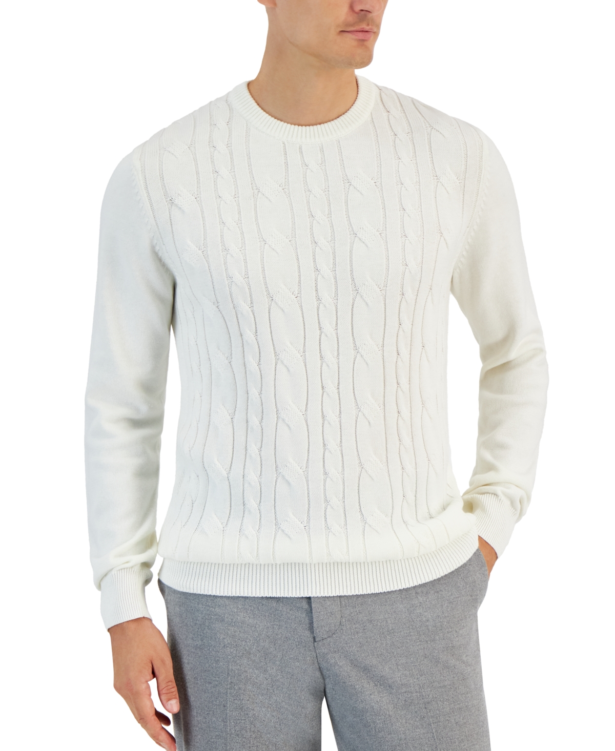 Men's Elevated Mixed Cable Long Sleeve Crewneck Sweater, Created for Macy's - Winter Ivory