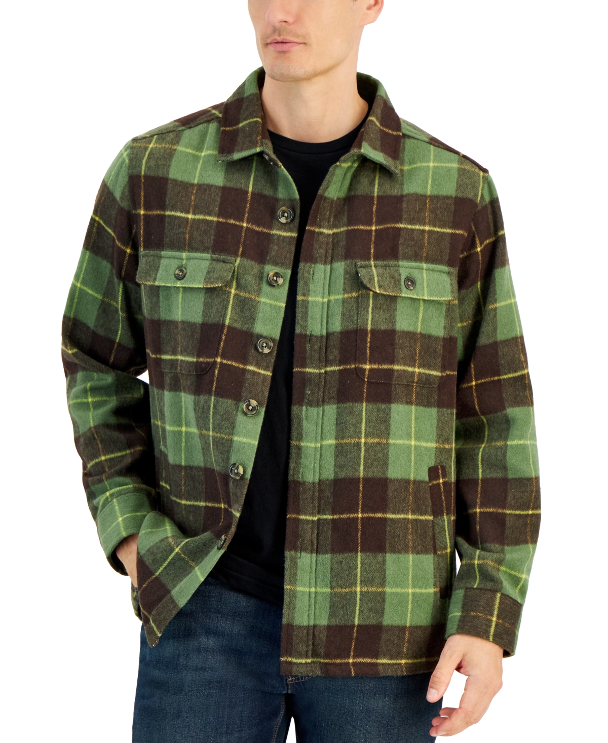 Men's Rob Plaid Button-Front Shirt-Jacket, Created for Macy's - Smart Olive