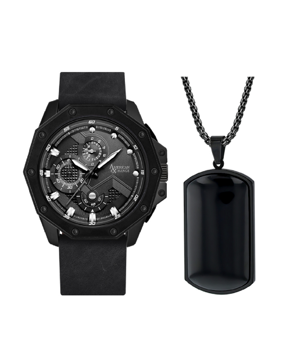 Men's Analog, Three-Hand Quartz Matte Black Leather Strap Watch 48mm Gift Set - Matte Black