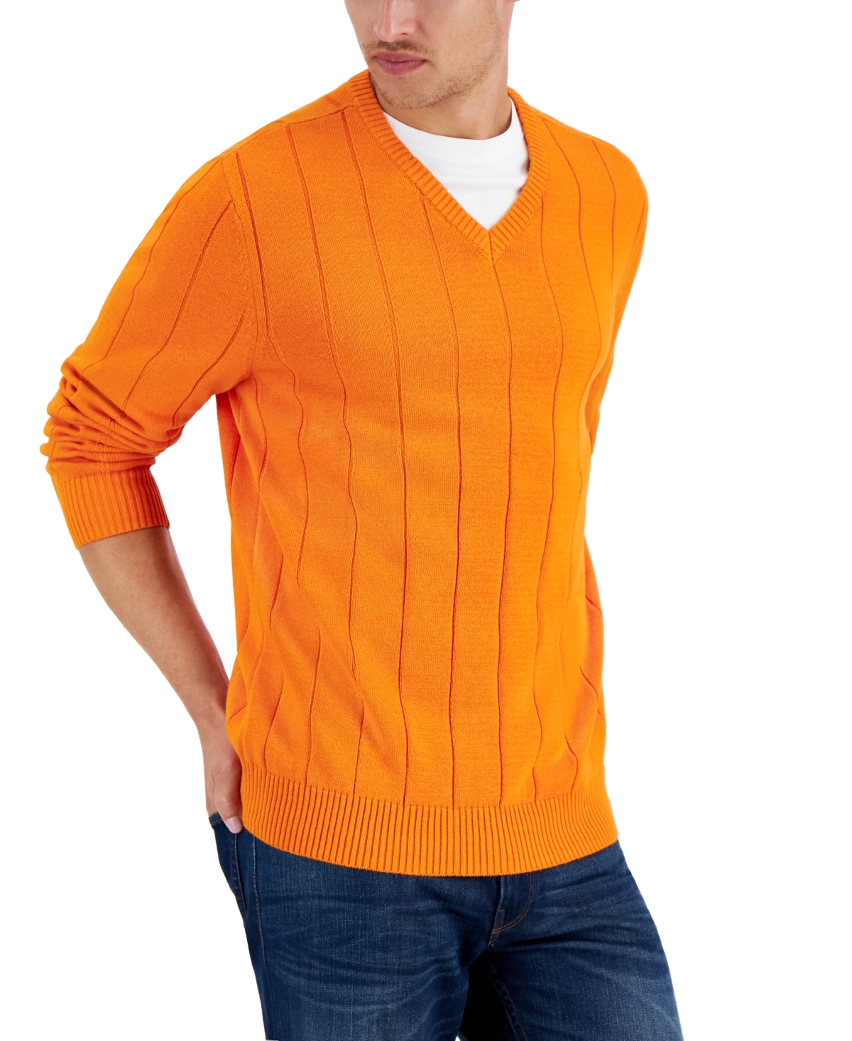 Club Room Men's Drop-needle V-neck Cotton Sweater, Created For Macy's In Campfire Orange