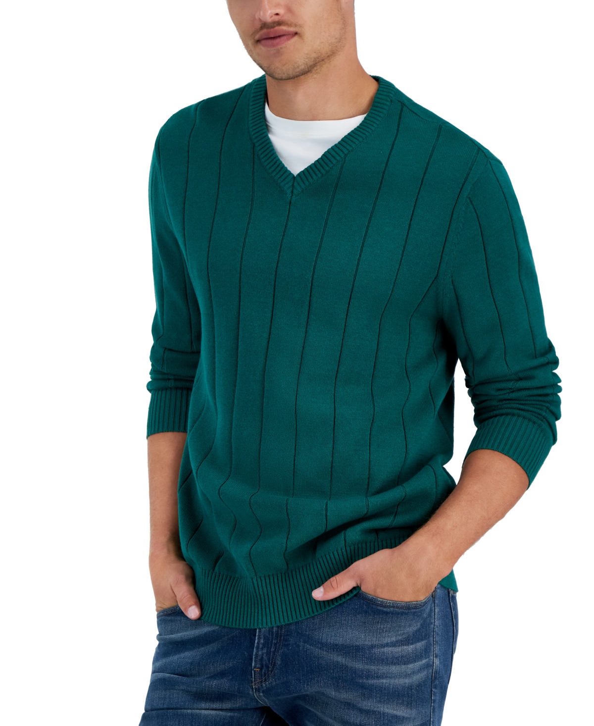 Men's Drop-Needle V-Neck Cotton Sweater, Created for Macy's - Charcoal Heather