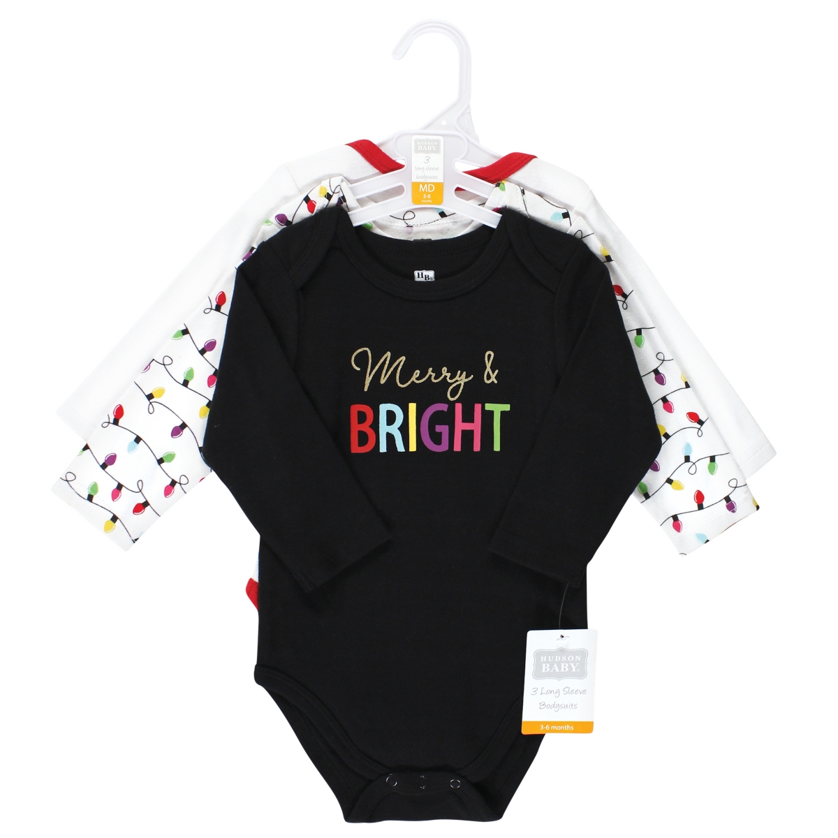 Hudson Baby Baby Girls Cotton Long-Sleeve Bodysuits, Merry and Bright, 3-Pack - Merry and bright