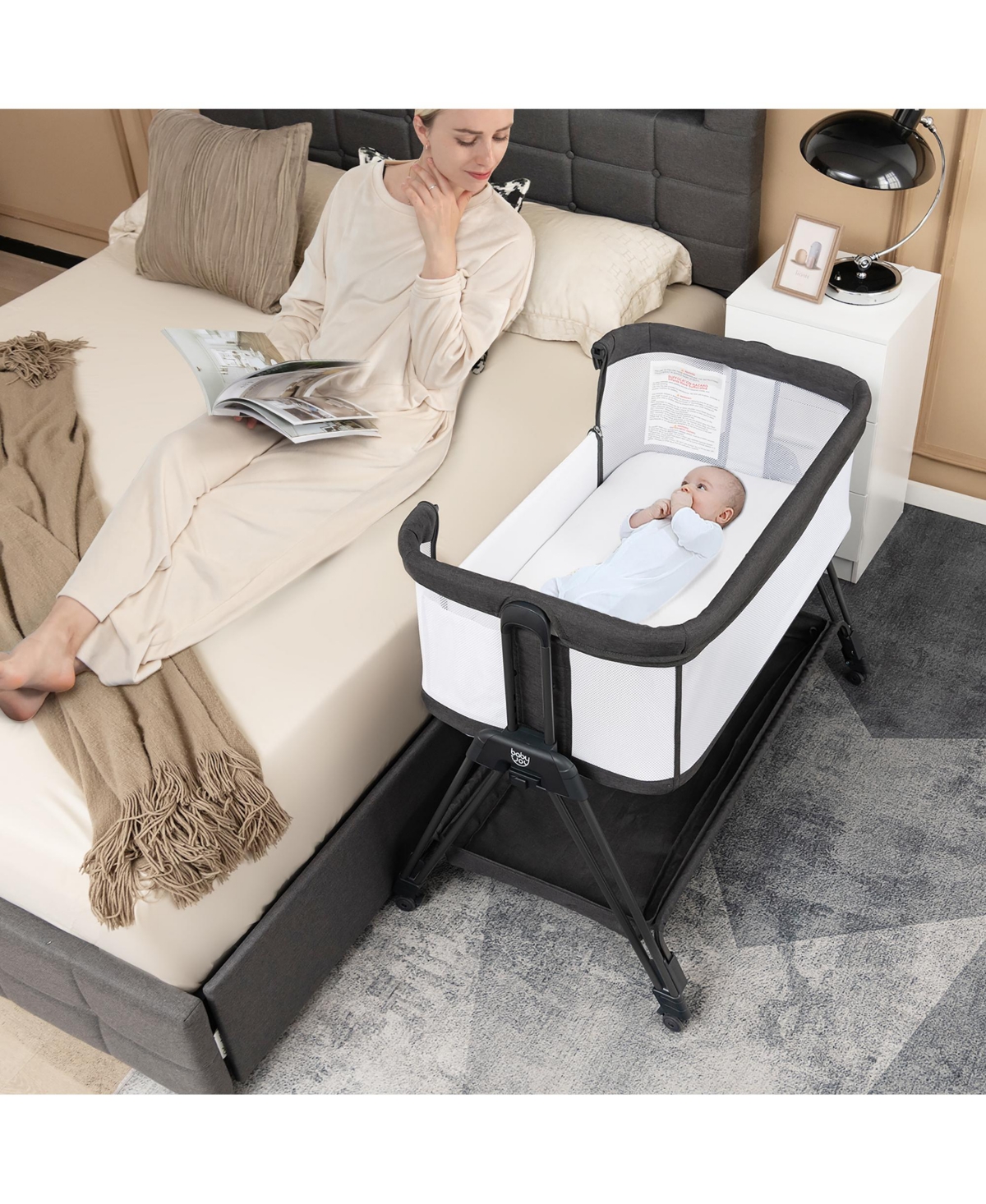 Costway Baby Bedside Sleeper Bassinet with Wheels & Storage Tray Folding Adjustable Crib