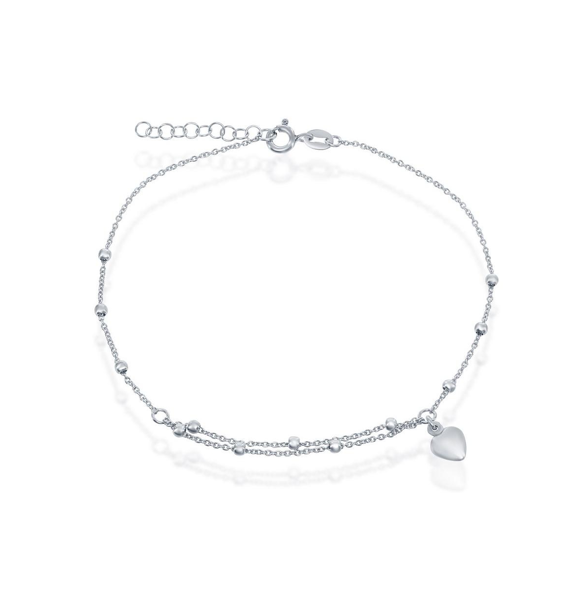 Sterling Silver Beads with Heart Charm Anklet - Silver