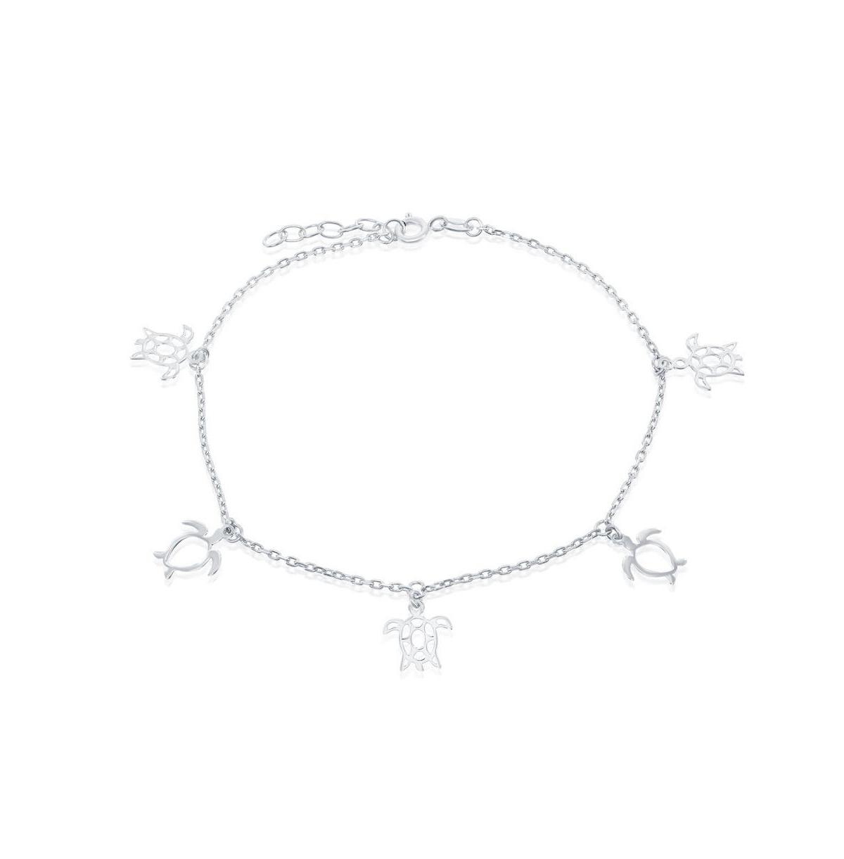 Sterling Silver Cut-Out Sea Turtle Anklet - Silver