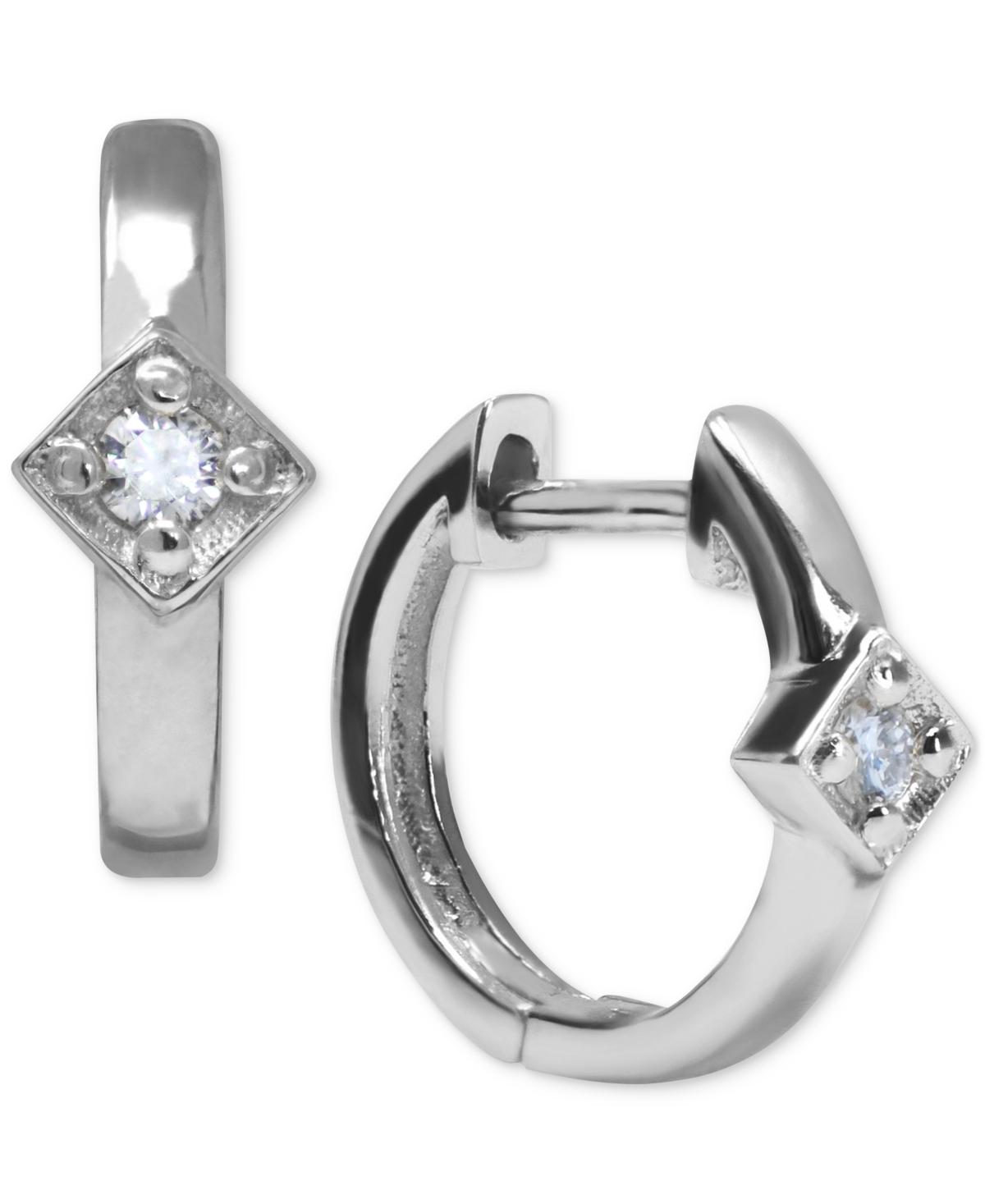 White Sapphire Accent Extra Small Huggie Hoop Earrings in Sterling Silver, 0.47" - Sterling Silver