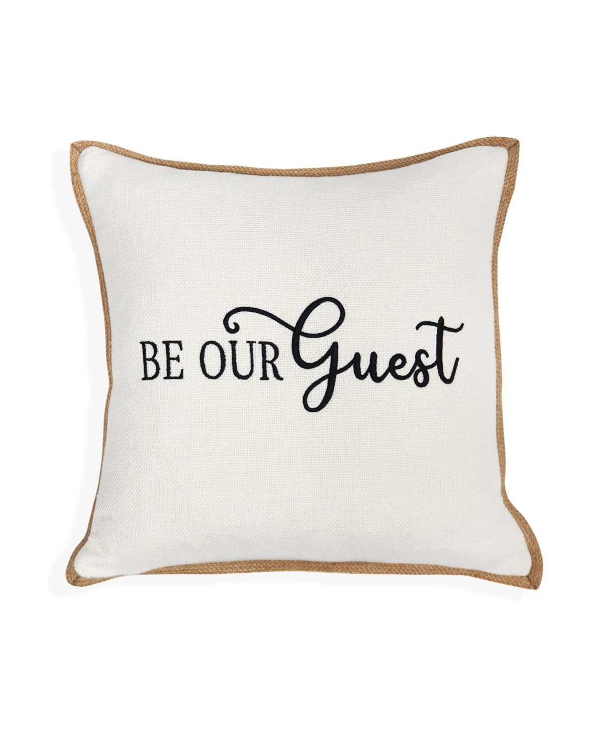 Millihome Be Our Guest Embroidery Linen Jute Decorative Pillow, 20" X 20" In Ivory