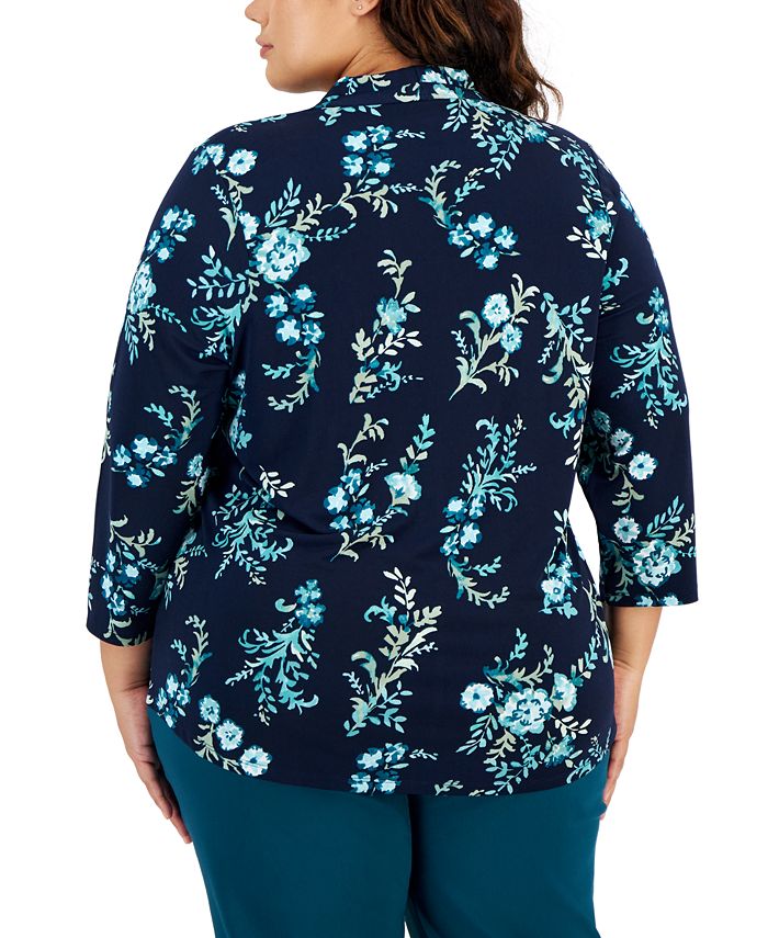 JM Collection Plus Size Floral-Print V-Neck 3/4-Sleeve Top, Created for ...