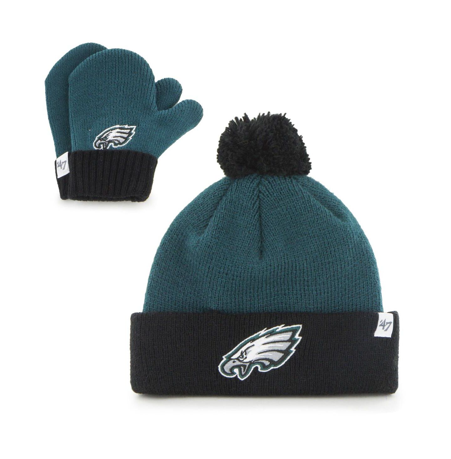 Головные уборы '47 Brand Midnight Green and Black Philadelphia Eagles Bam Bam Cuffed Knit Hat With Pom and Mittens Set для малышей — фото 1