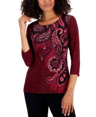 JM Collection - Petite 3/4-Sleeve Paisley Jacquard Top