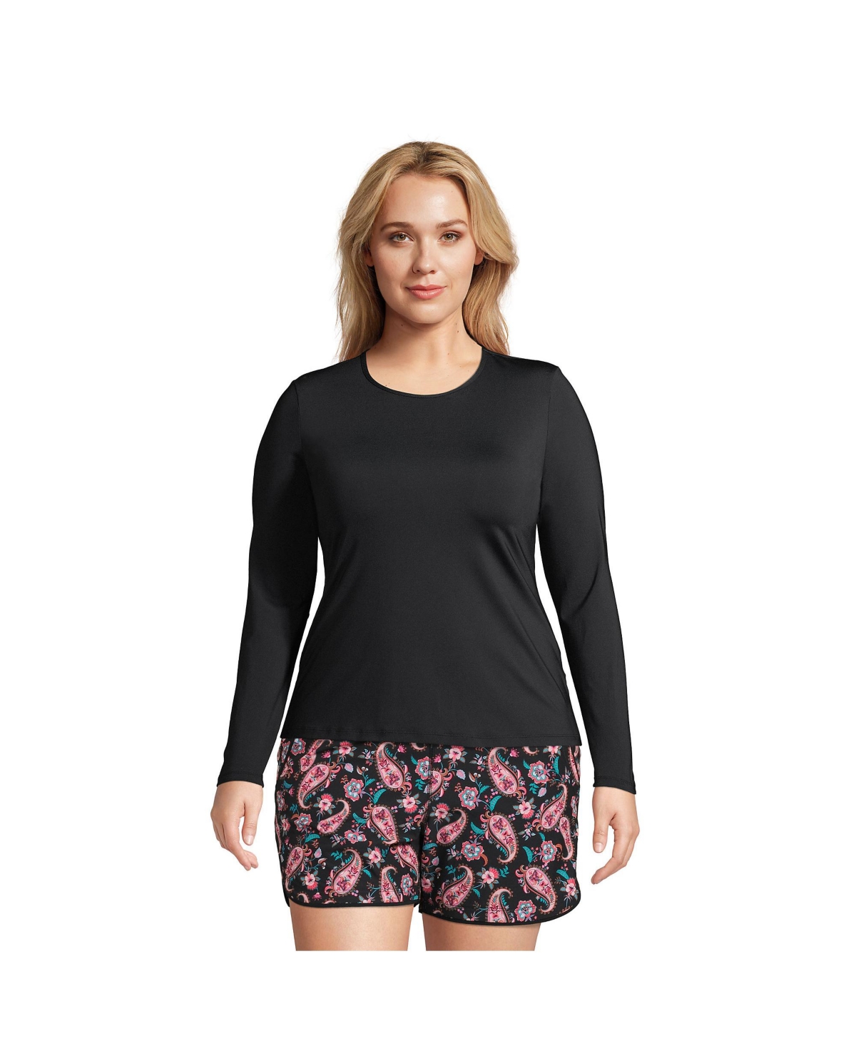 Lands' End Plus Size Crew Neck Long Sleeve Rash Guard Upf 50 Swim Tee