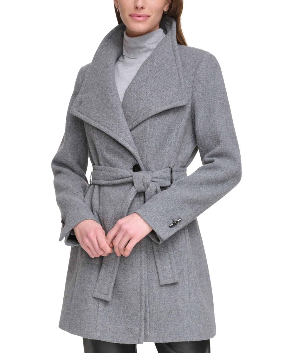 Calvin Klein Womens Asymmetrical Belted Wrap Coat, Created For Macys In Medium Grey