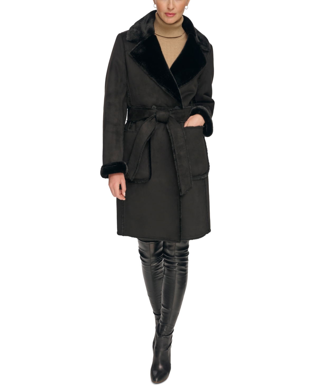 Dkny Women s Petite Belted Notched Collar Faux Shearling Coat Black Smart Closet
