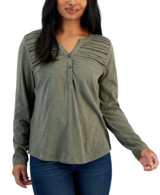 Style & Co - Petite Split-Neck Cotton Long-Sleeve Shirt
