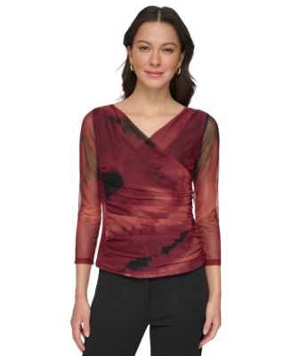 DKNY - Women's 3/4-Sleeve Printed Mesh V-Neck Top