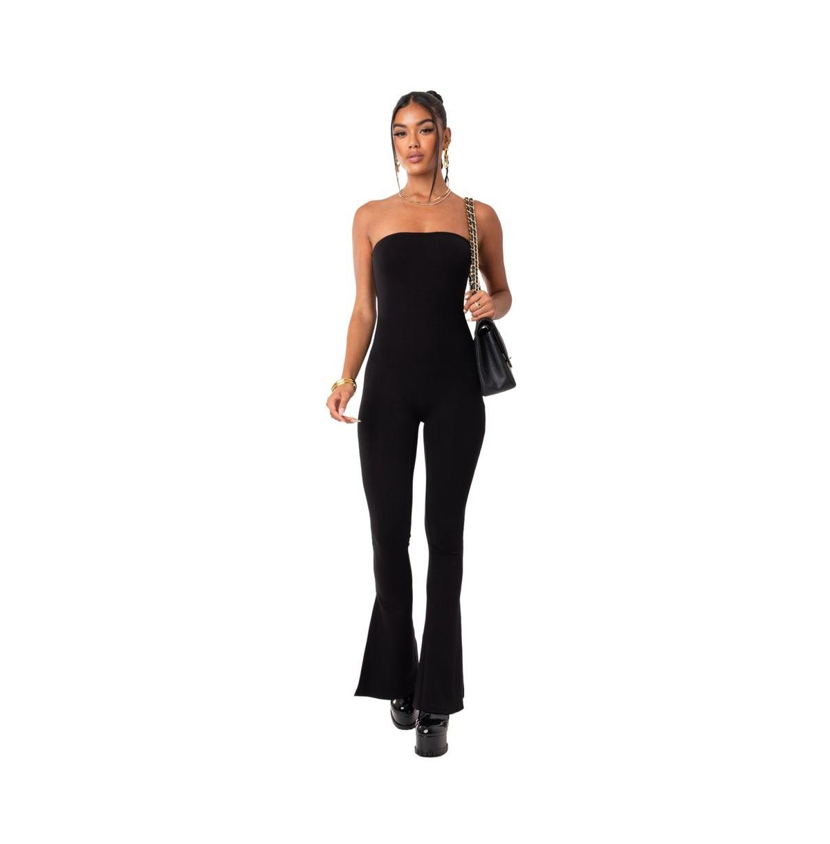 EDIKTED WOMEN'S STRAPLESS FLARED JUMPSUIT WITH SLITS