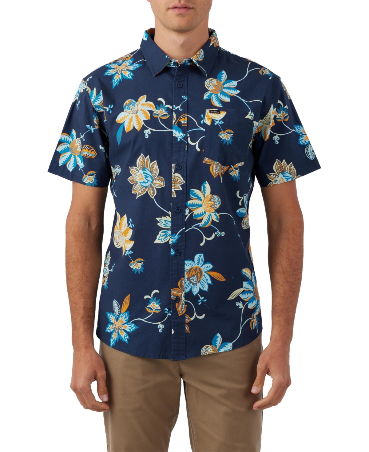 O'neill Quiver Standard Fit Floral Short Sleeve Stretch Cotton Button-up Shirt In Navy