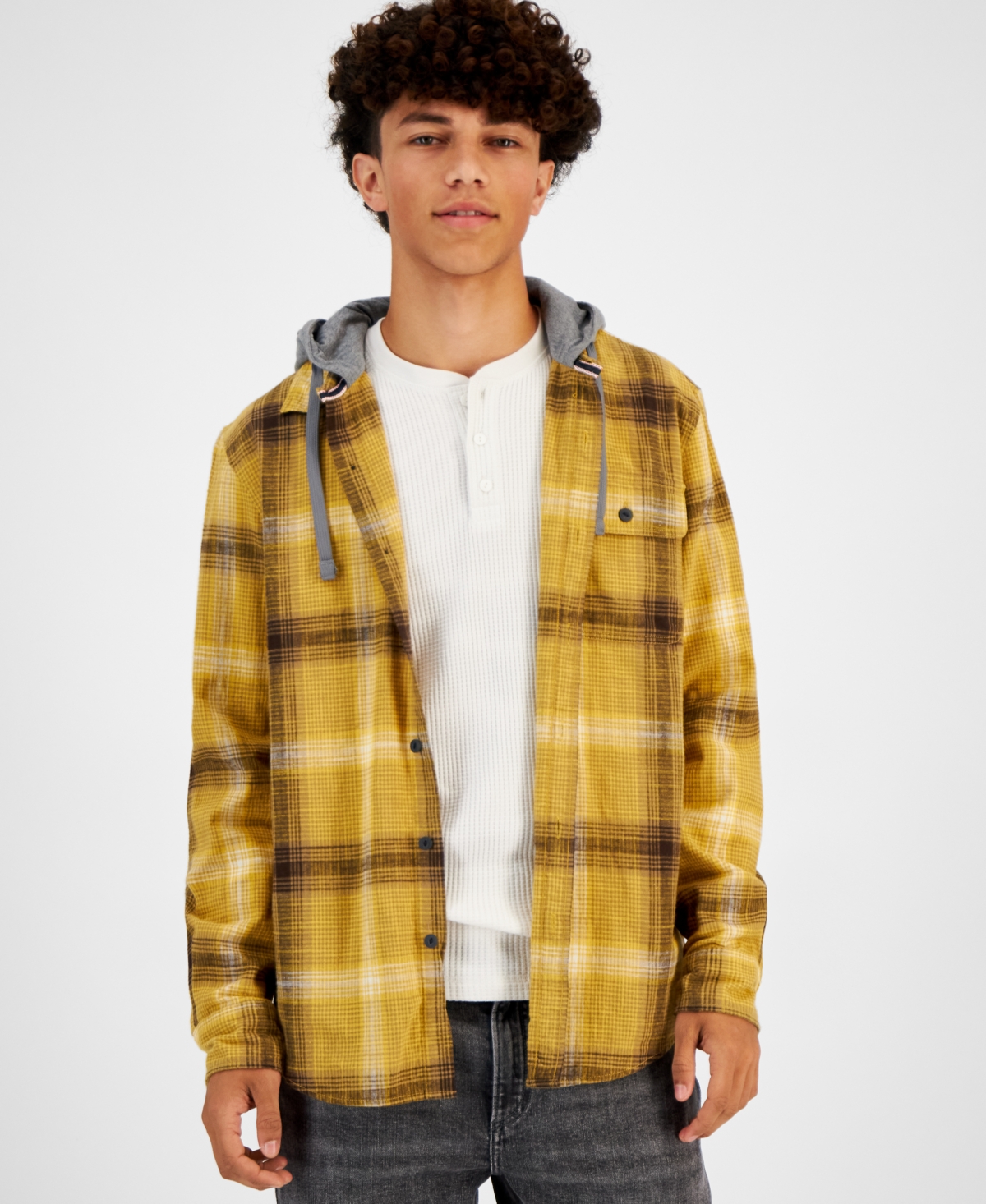 Sun + Stone Men's Andrew Plaid Hooded Flannel Shirt, Created For Macy's In Honey Ochre