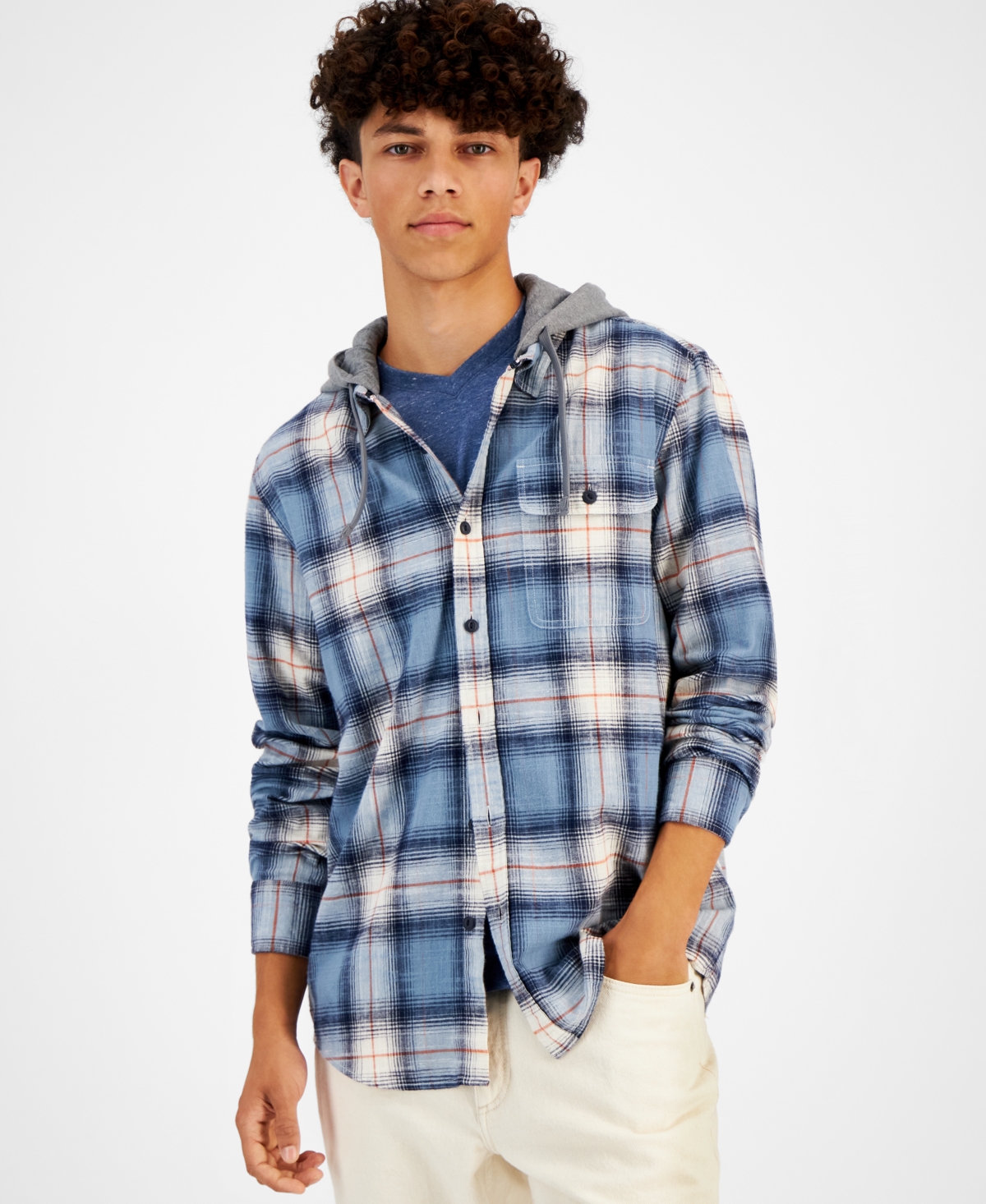Sun + Stone Men's Andrew Plaid Hooded Flannel Shirt, Created For Macy's In Hydrogen