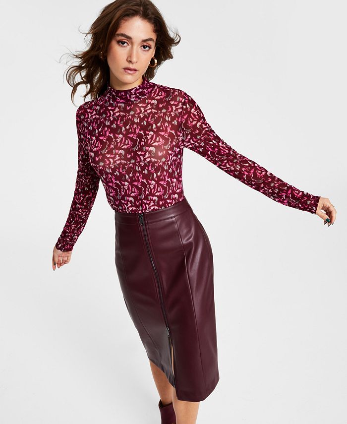 Bar III Women's Printed Mesh Mock-Neck Top, Created for Macy's - Macy's