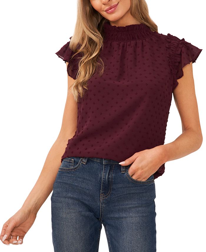 Ruffled Mock Neck Cap Sleeve Blouse