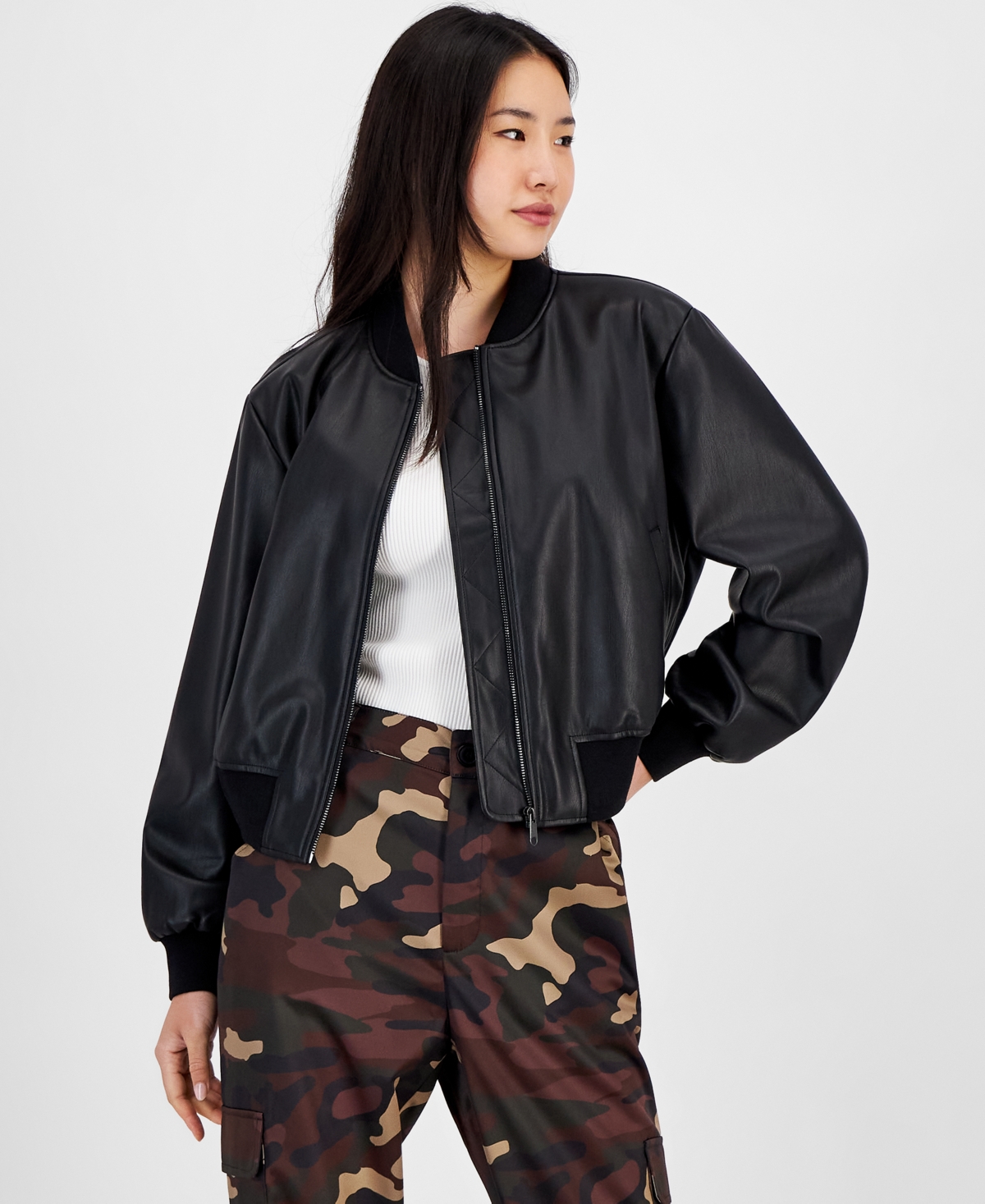 Bar Iii Women s Faux Leather Bomber Jacket Created for Macy s Amazon Jungle Smart Closet