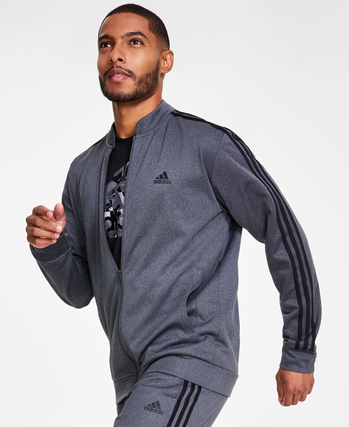 adidas Men's Tricot Heathered Logo Track Jacket -Black Stripes